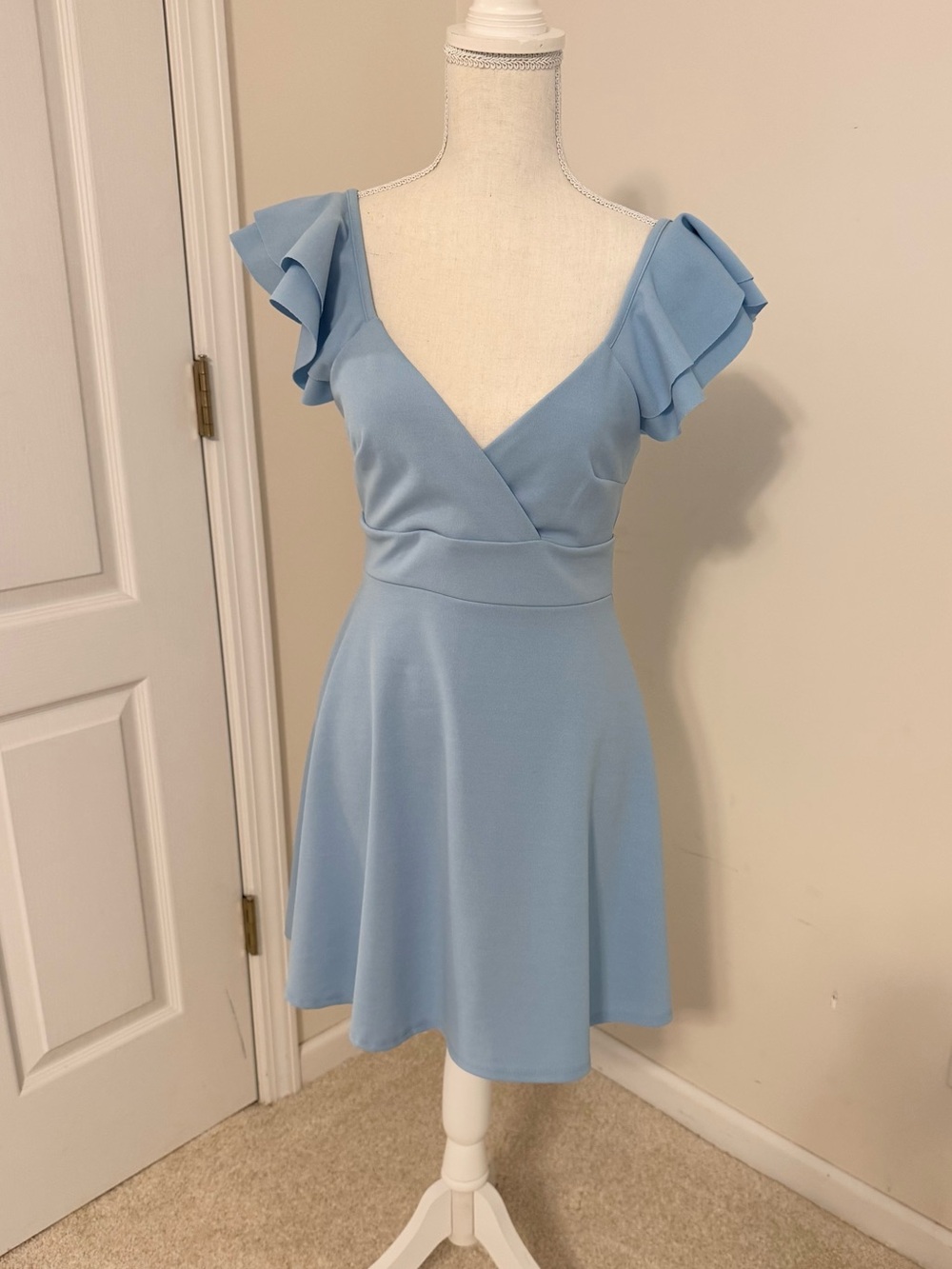 Altar'd State Light Blue V-Neck Flutter Sleeve Mini Dress